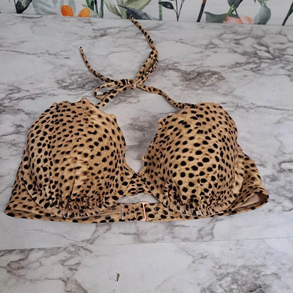 Shade Shore Bikini Top Animal Print 34C Ruffle Tie Neck‎ Bra
